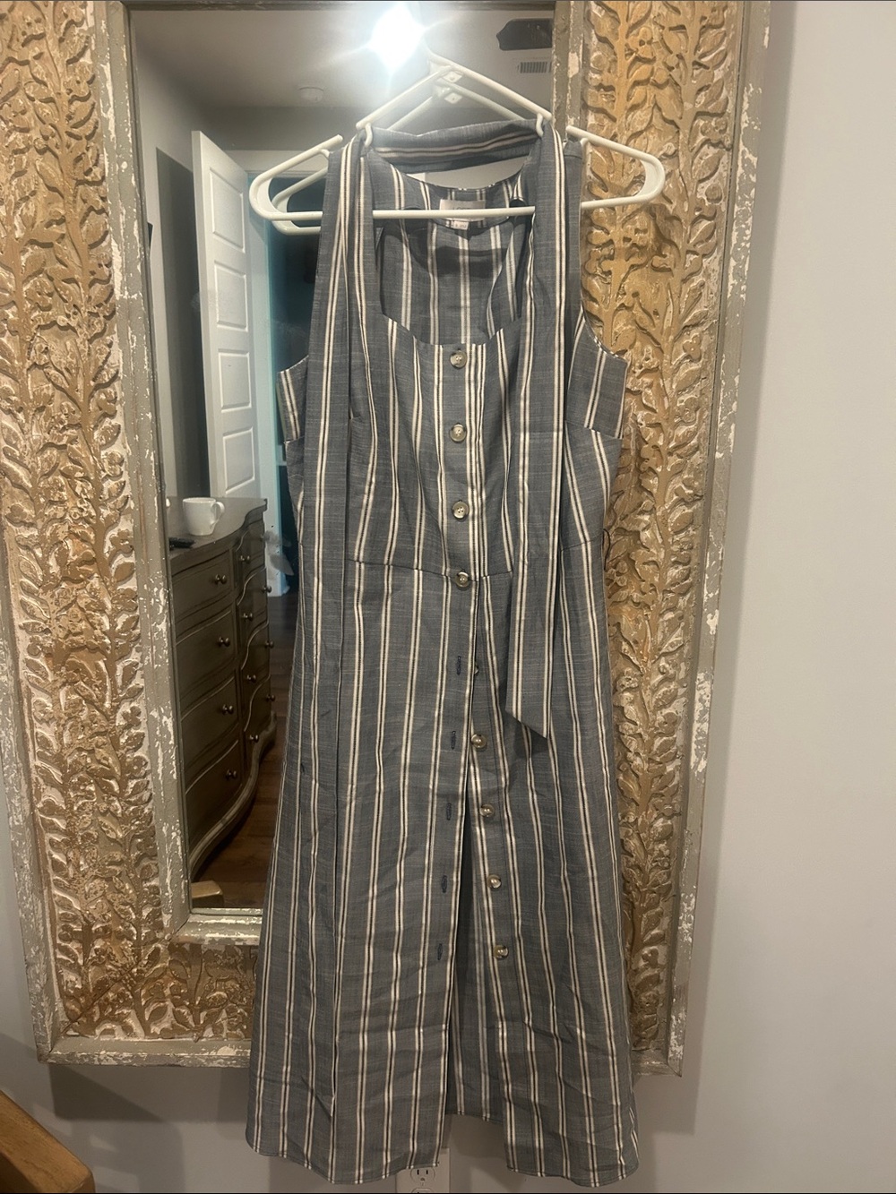 Ann Taylor- Navy and White Striped Sleeveless Button-Front Midi Dress with belt